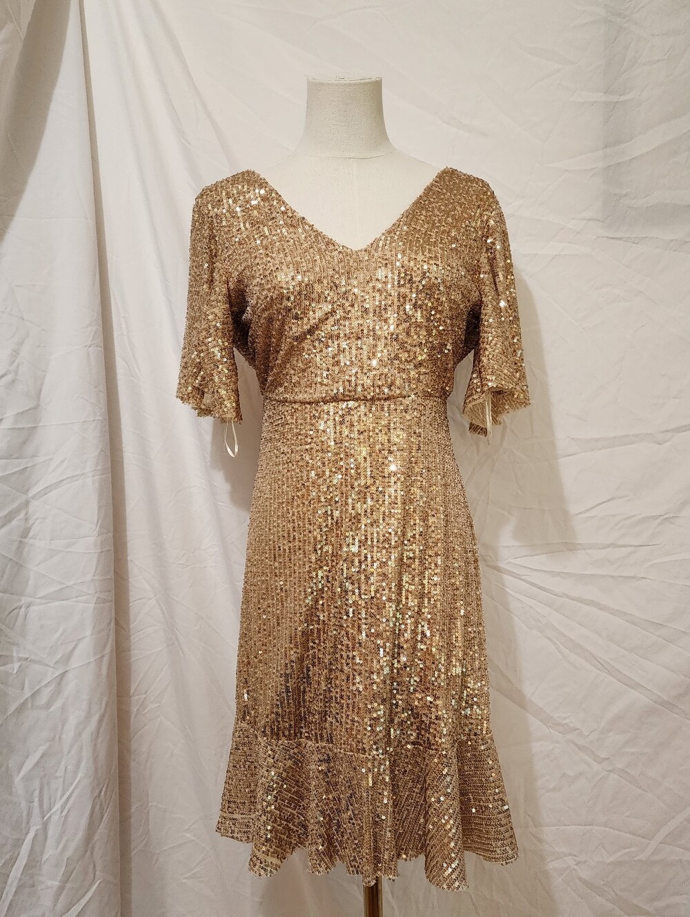Gold Sequin V-Neck Midi Dress with Flutter Sleeves